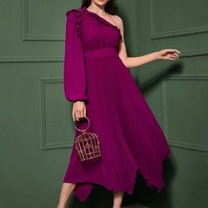 One shoulder frill trim pleated hem dress SHEIN